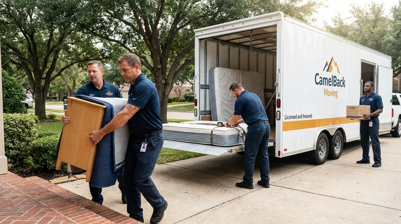 Crew loading residential truck for cross-state move from Geary, OK