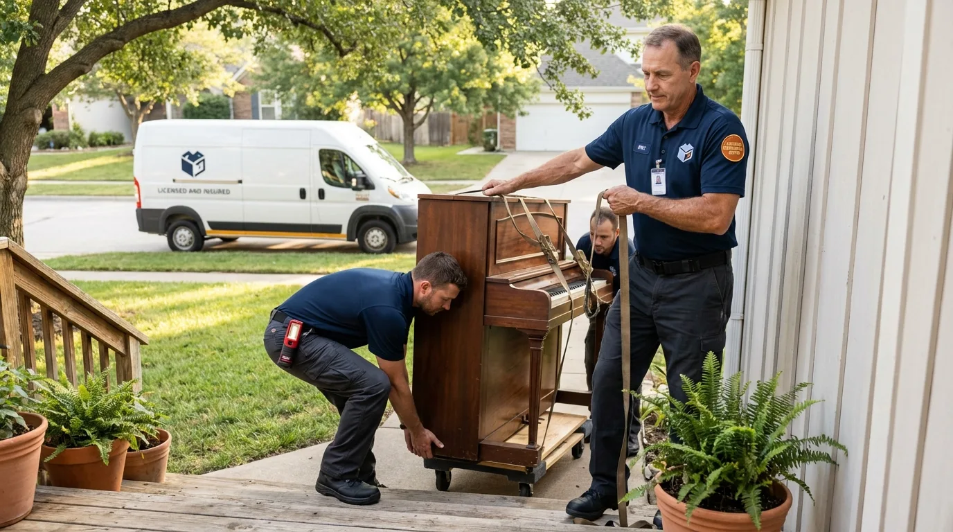Licensed piano movers securing grand piano in Geary, OK