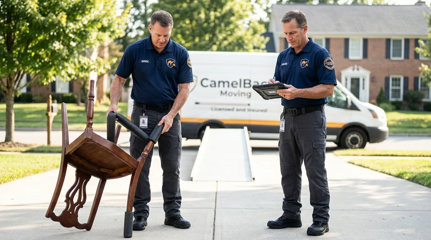 Movers inspecting furniture for damage prevention before loading in Geary, OK