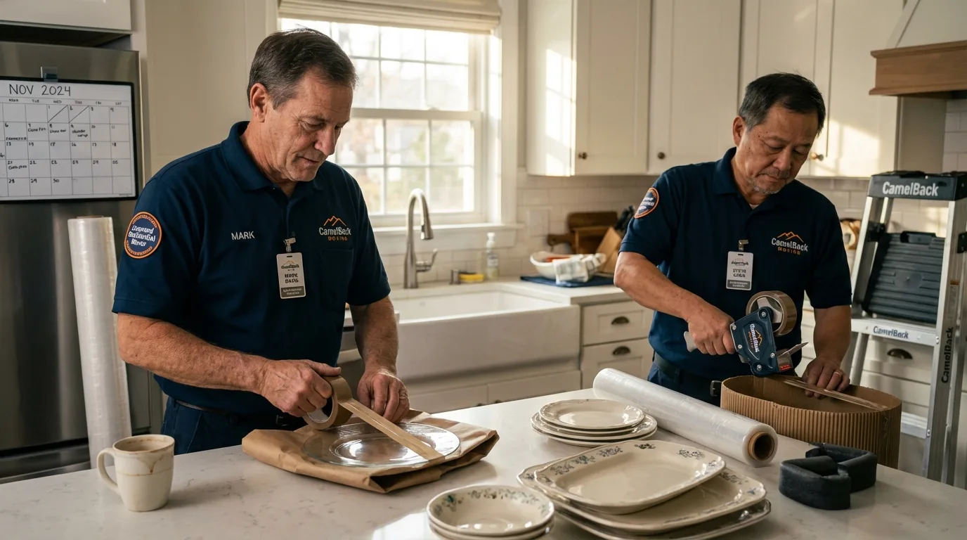 Professional crew packing kitchen dishware in Geary, OK